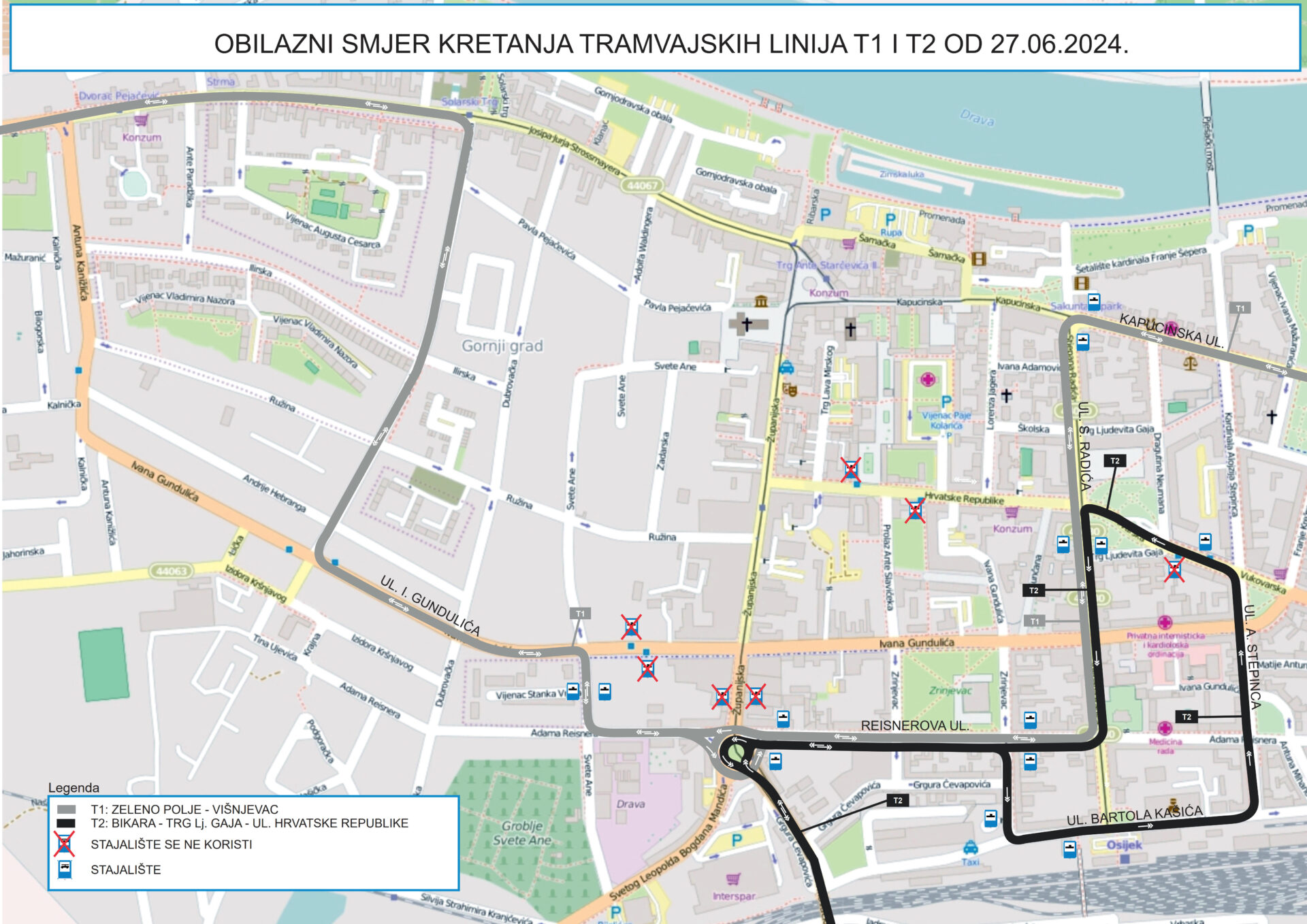 Tramvajske linije T1 i T2 i autobusne linije A1, A2, A3, A4, A5, A6 i ...